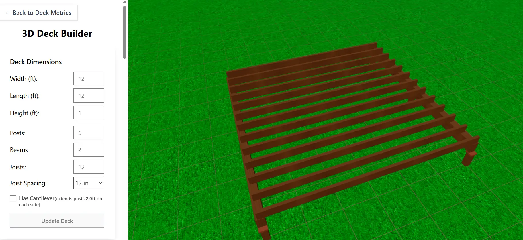 3D model of an initial deck frame with posts, beams, and joists