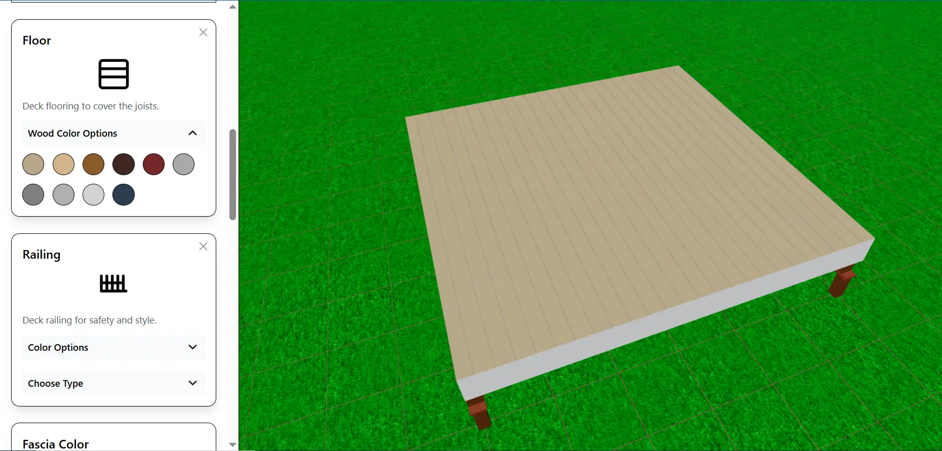 3D model of a deck with a floor added and a color selection panel visible