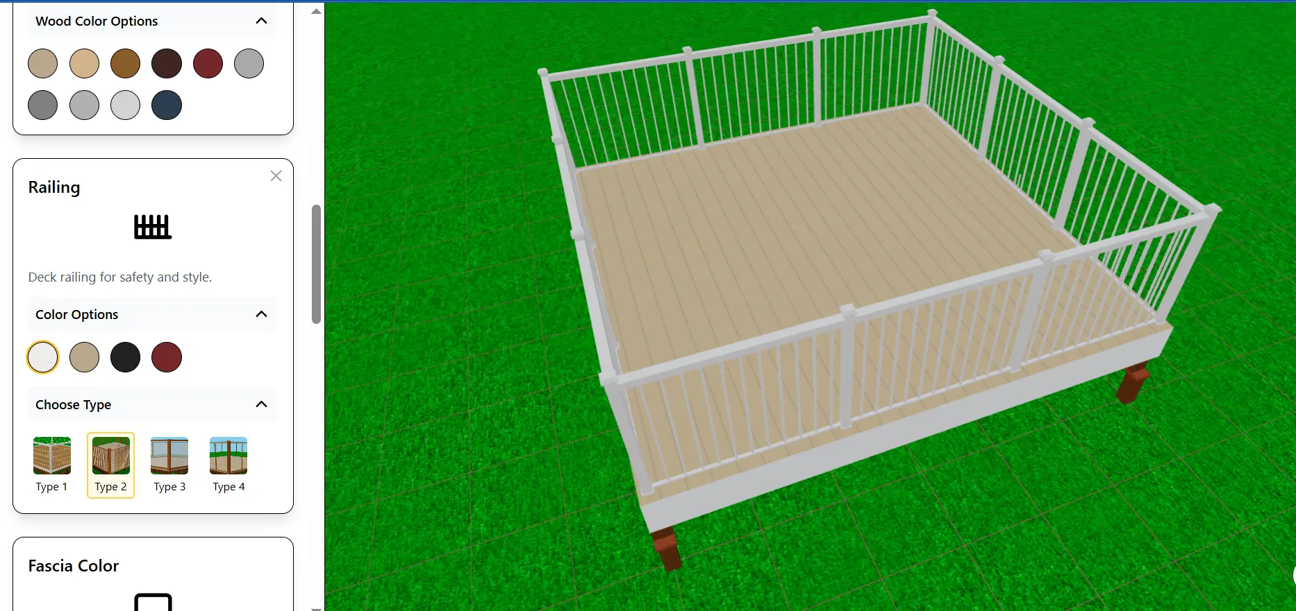 3D model of a deck with a railing installed and color options visible