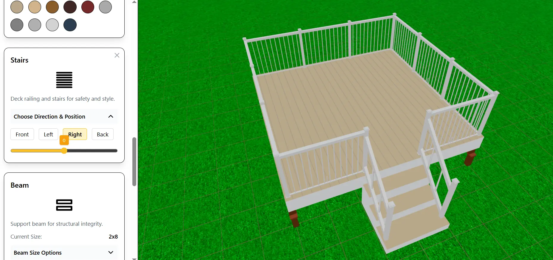 3D model of a deck with stairs added and a position panel visible