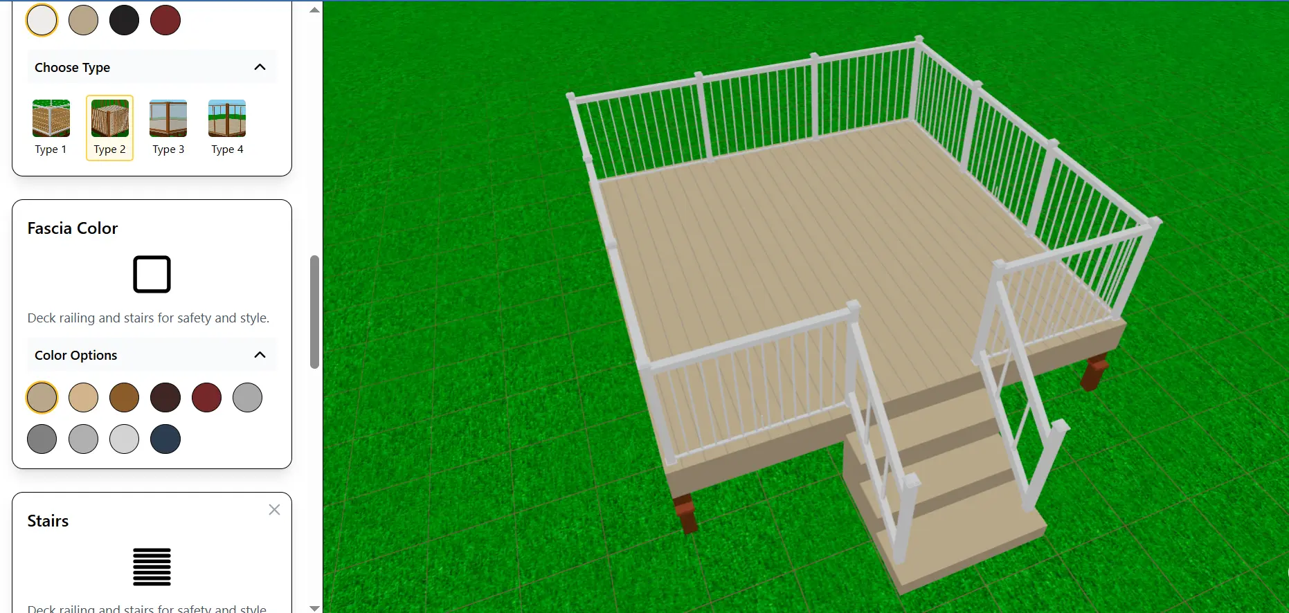 3D model of a deck with a dark wood floor and a color selection panel visible