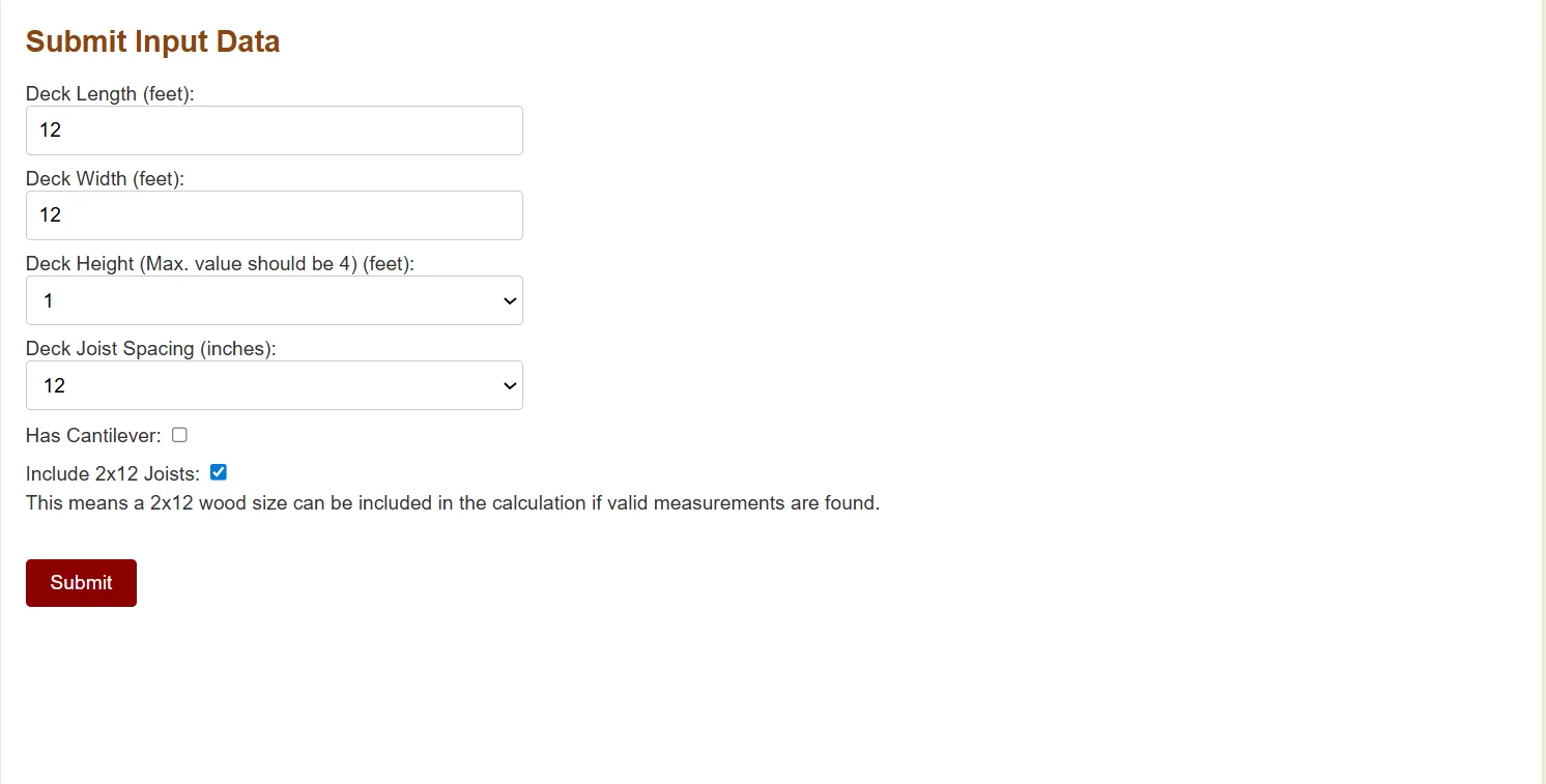 Deck builder tool showing inputs for a 12x12 ft deck with a cantilever.