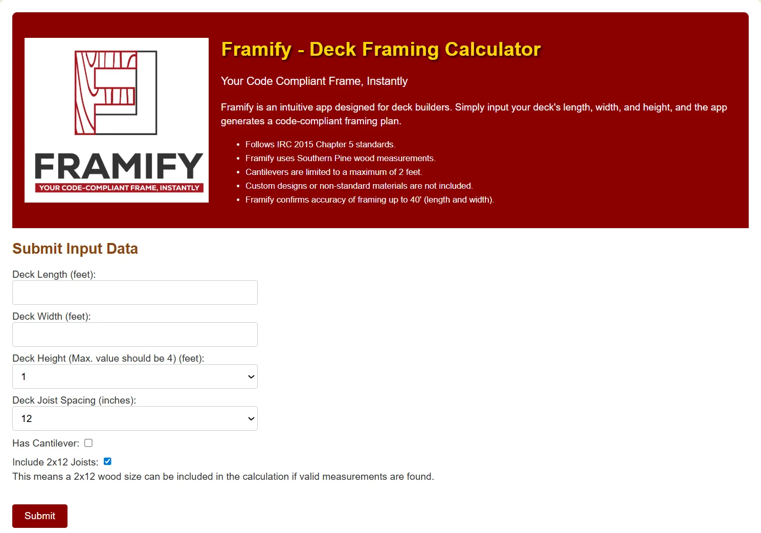 Interface showing input fields for deck dimensions