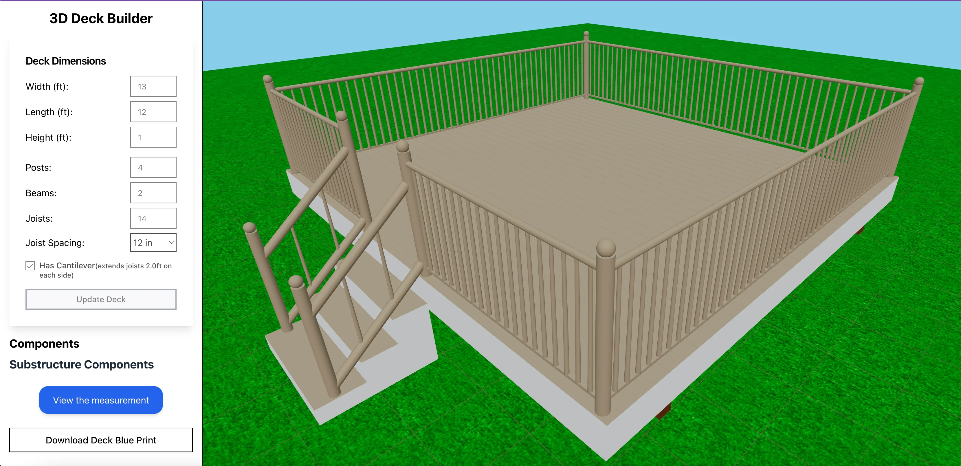 Interface showing generated outputs and a 3D preview of the deck
